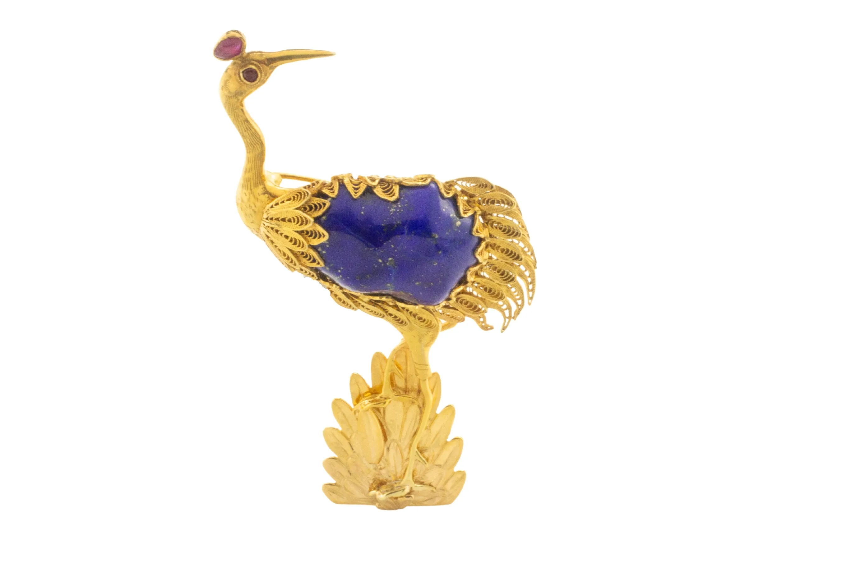 14 carat gold bird brooch with lapis lazuli, ruby and tourmaline