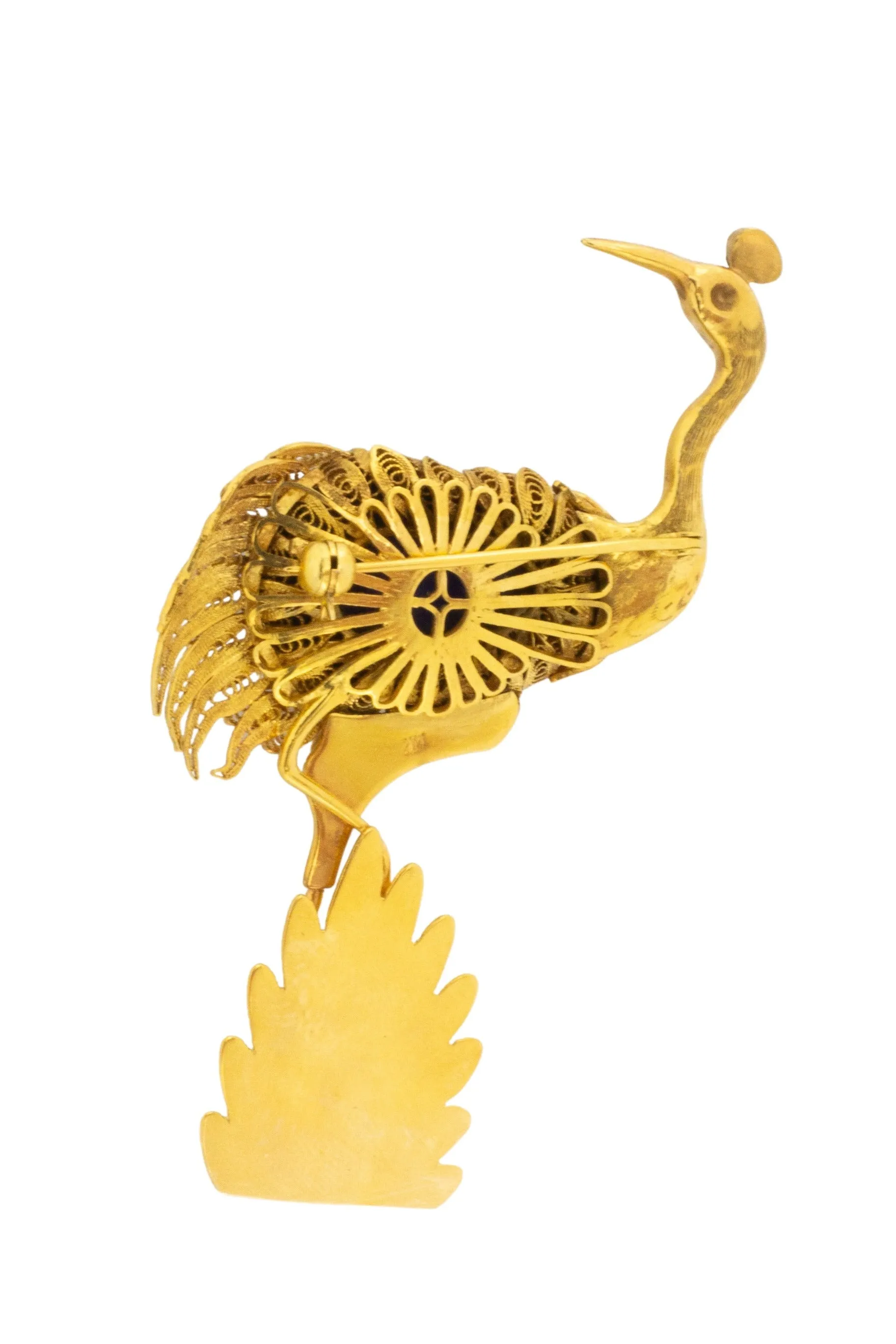 14 carat gold bird brooch with lapis lazuli, ruby and tourmaline