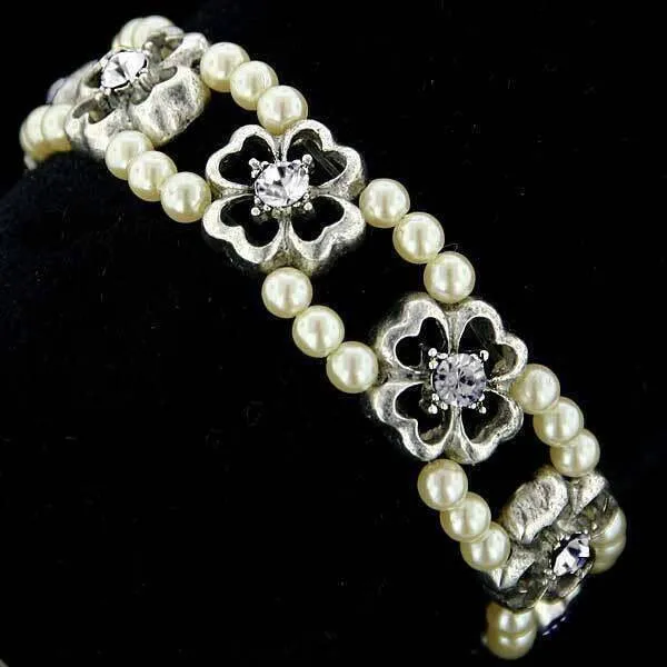 1928 Jewelry Four-Leaf Clover Crystal White Faux Pearl Stretch Bracelet