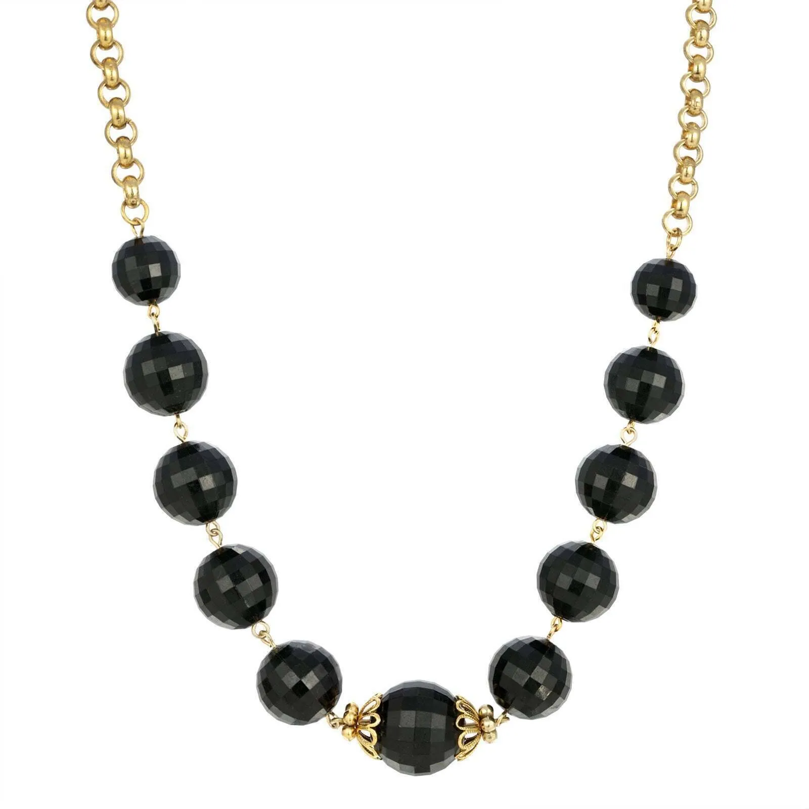 1928 Jewelry Round Square Cut Black Beaded Necklace 18"