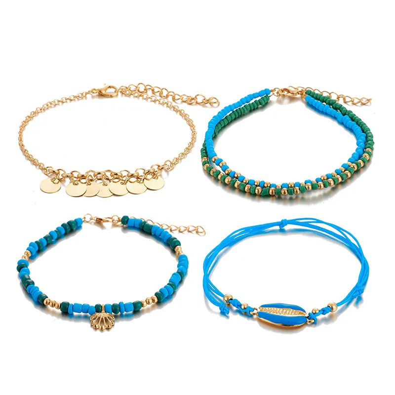 4pcs Boho Shell Beaded Anklet Set for Women