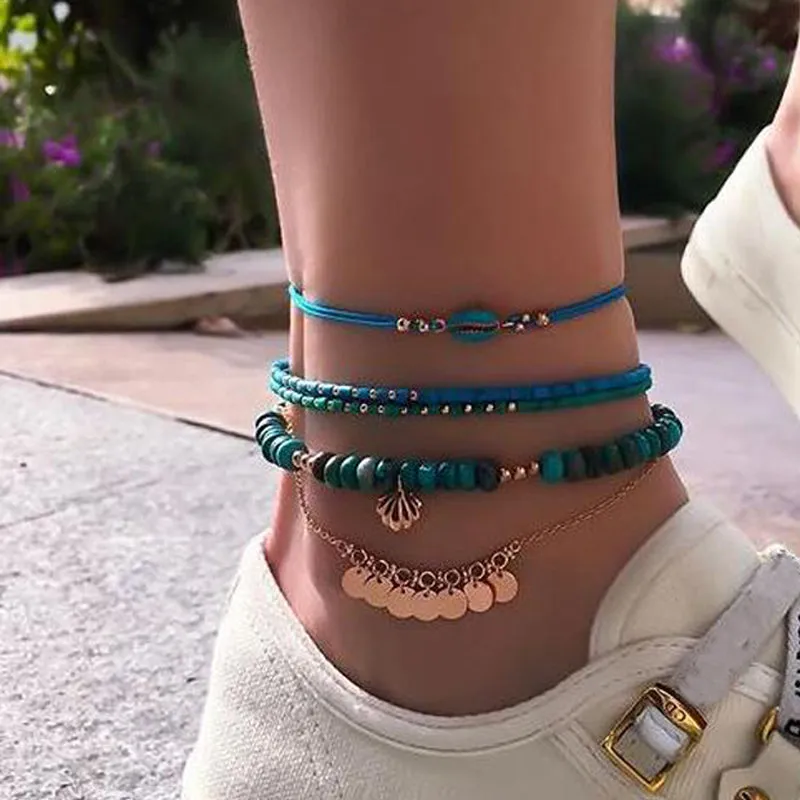 4pcs Boho Shell Beaded Anklet Set for Women