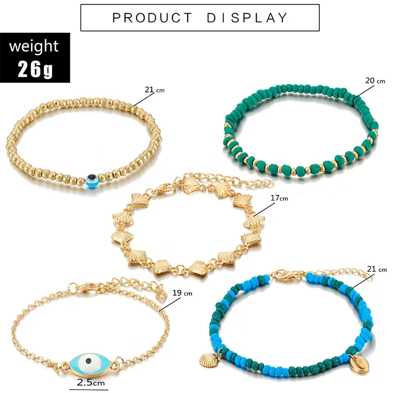 5pcs Boho Shell Pendant Blue Beaded Anklet Set for Women