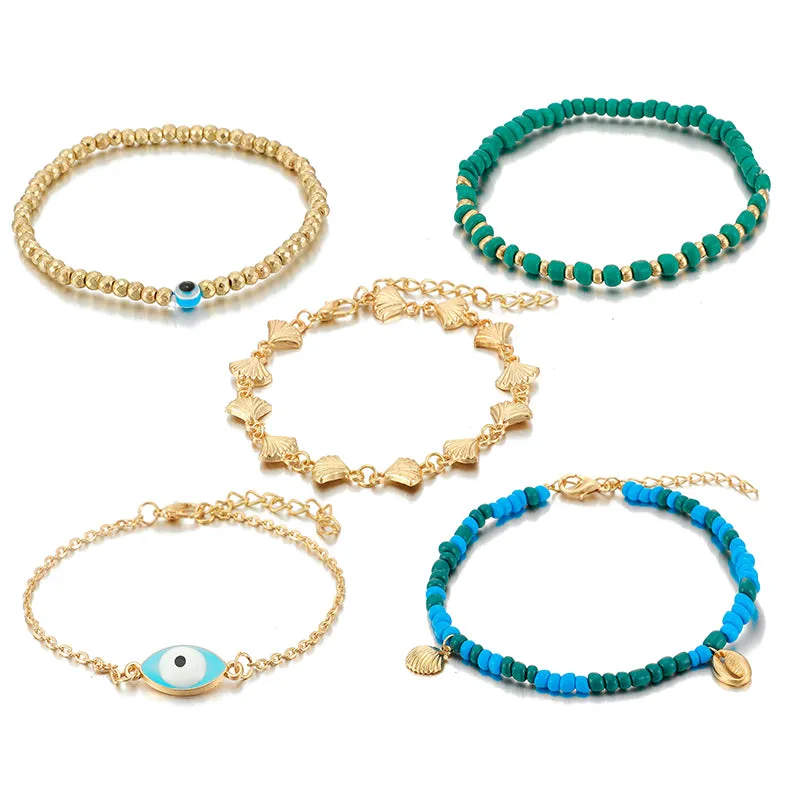 5pcs Boho Shell Pendant Blue Beaded Anklet Set for Women