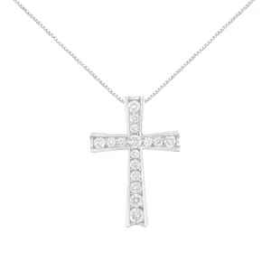 .925 Sterling Silver 1/2 Cttw Prong-Set Round-Cut Diamond Inlay Style Cross 18" Pendant Necklace (I-J Color, I2-I3 Clarity)