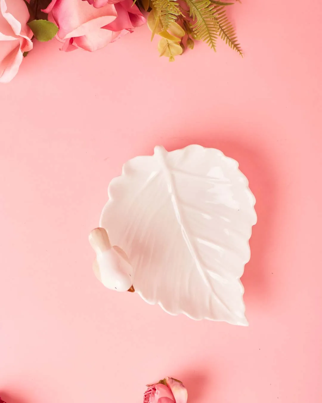 Bird on Leaf Ring Dish - White