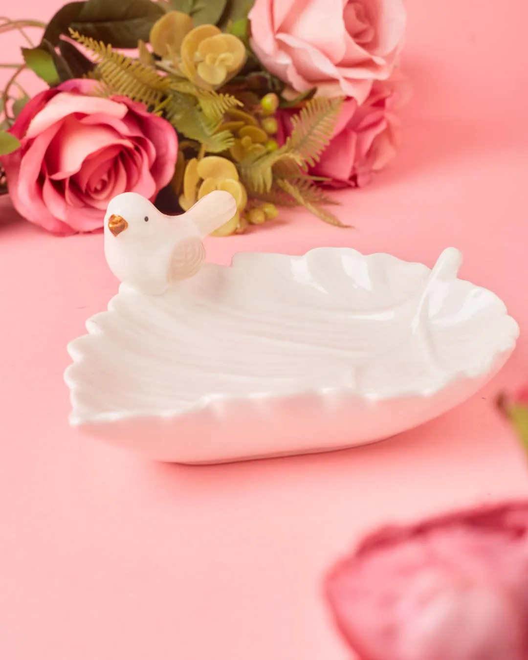 Bird on Leaf Ring Dish - White