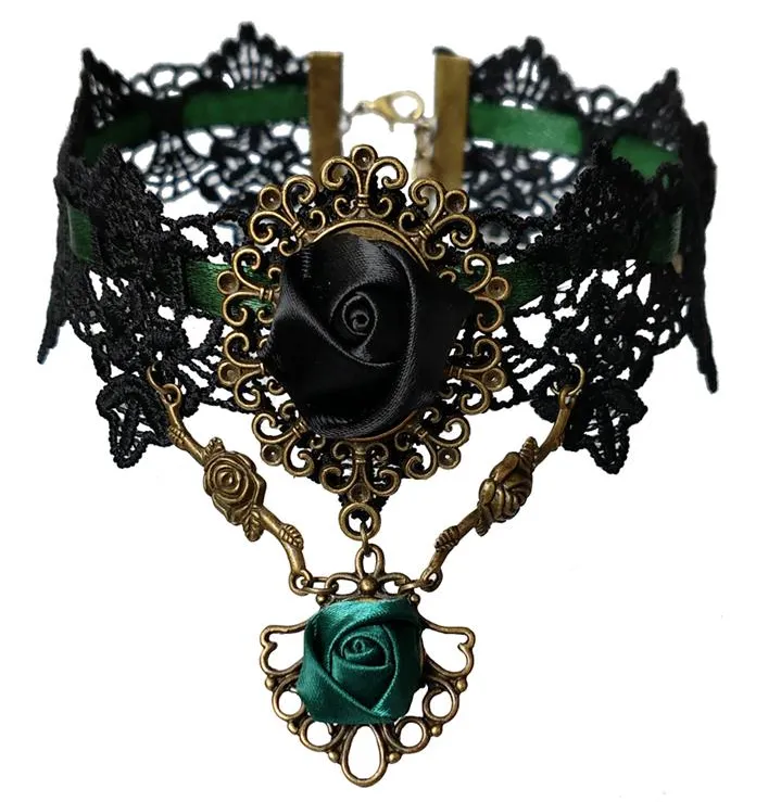 Black/Green Vintage Style Floral Choker