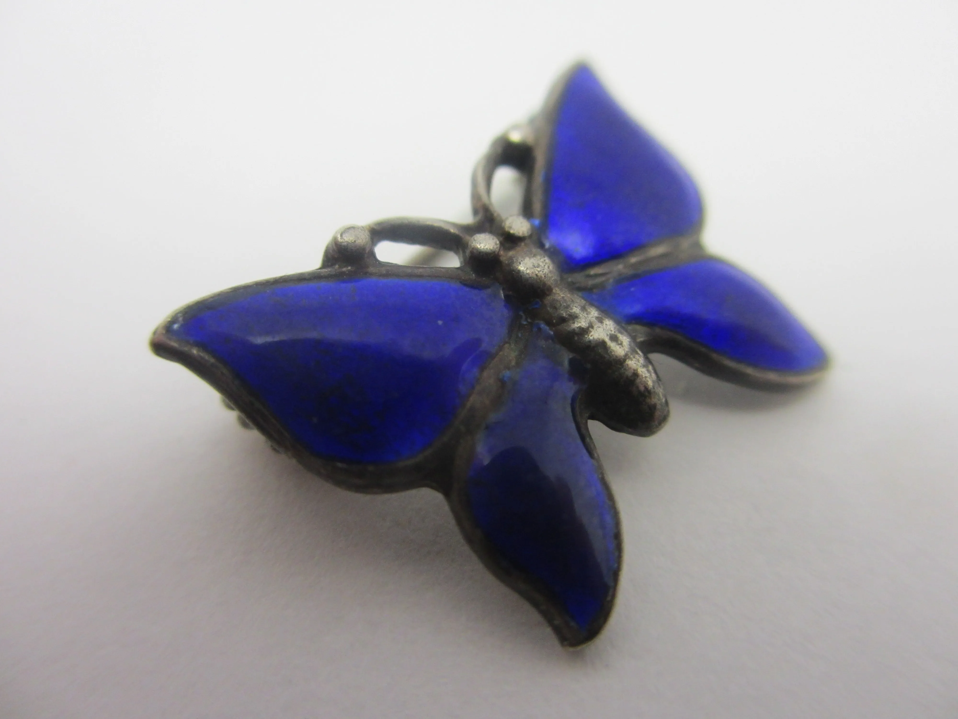 Blue Enamel Butterfly Sterling Silver Brooch Pin Vintage Art Deco c1920