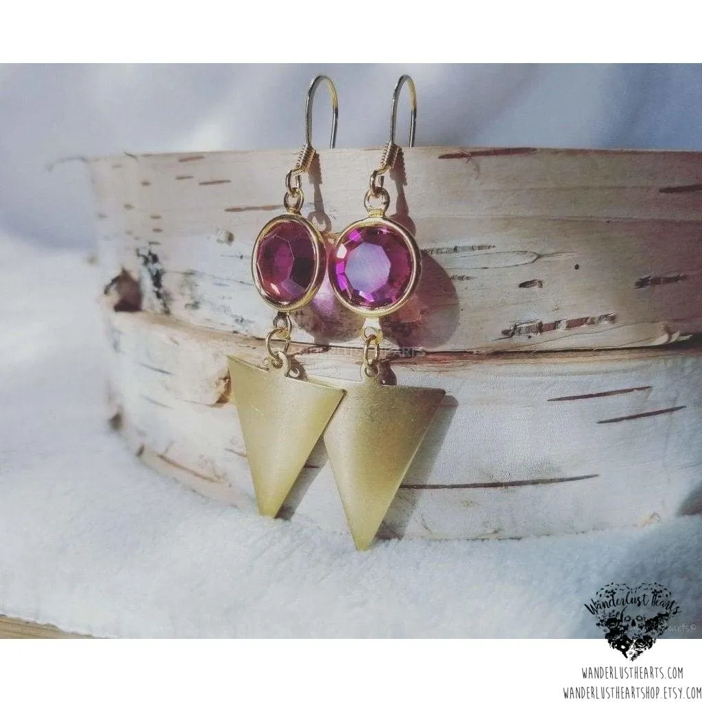 Brass triangle crystal earrings