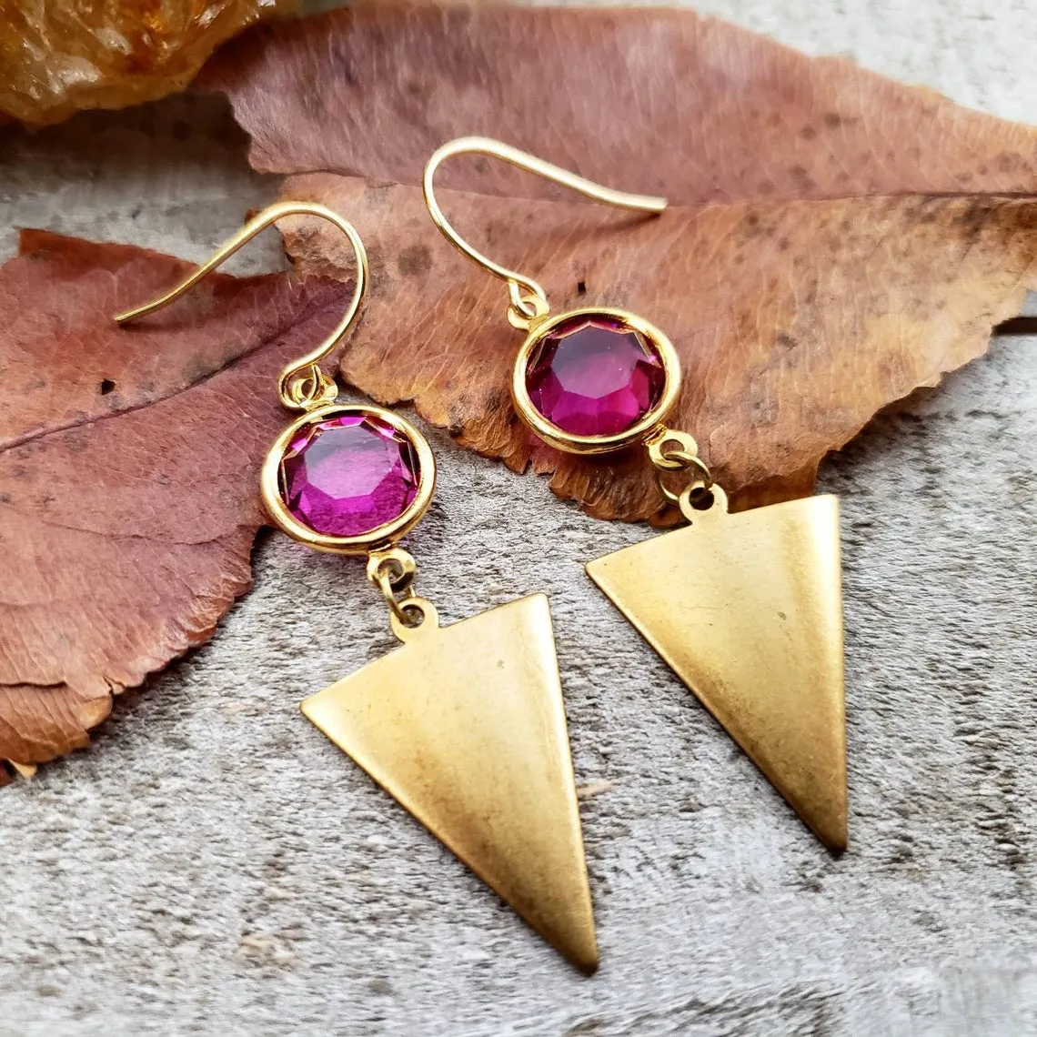 Brass triangle crystal earrings