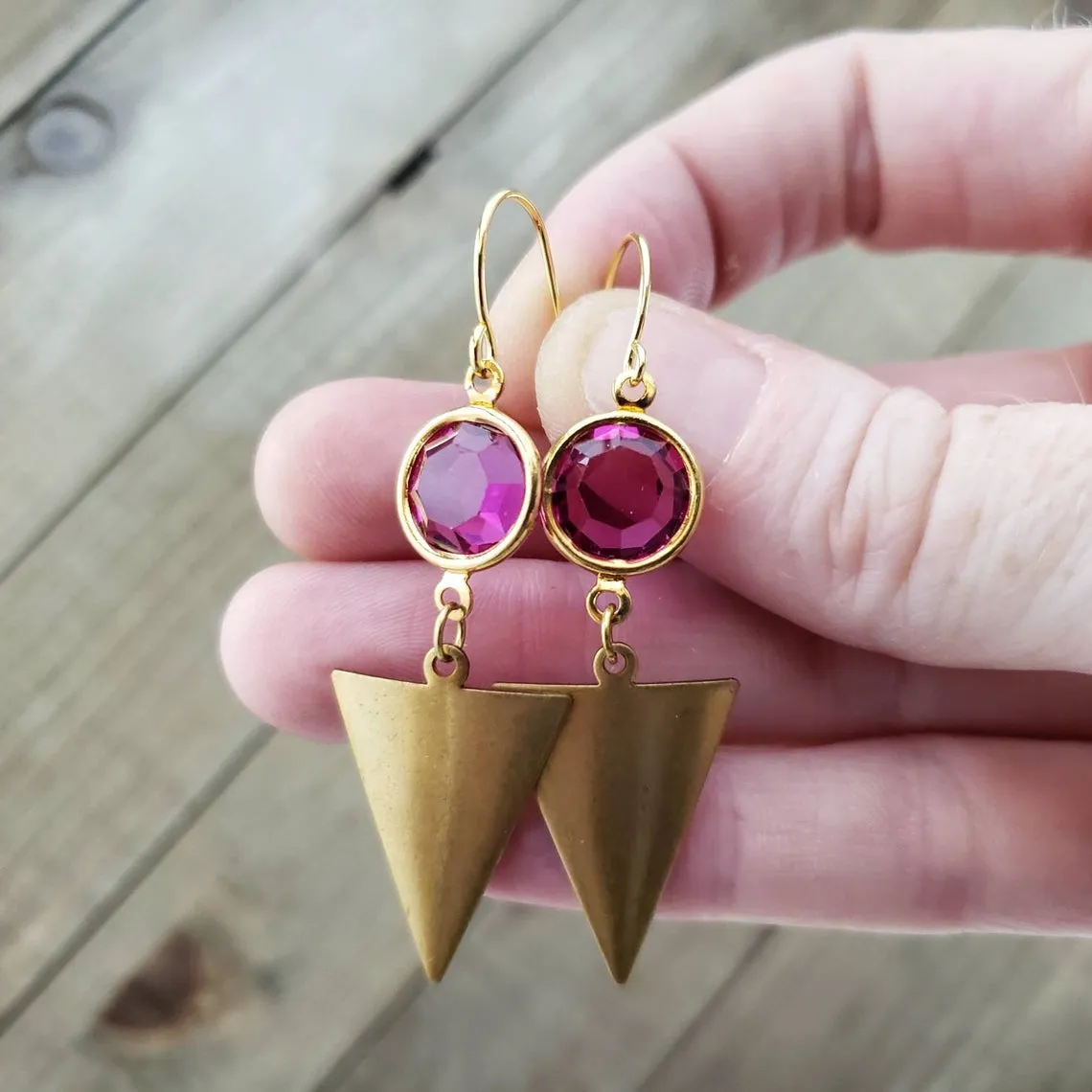 Brass triangle crystal earrings