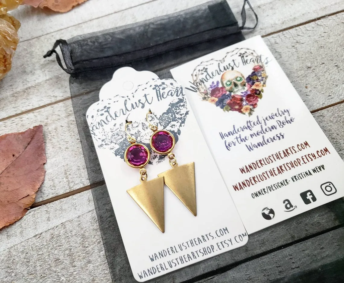 Brass triangle crystal earrings