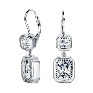 Deco Style Dangle Chandelier Earrings with CZ Halo Emerald Cut in Sterling Silver