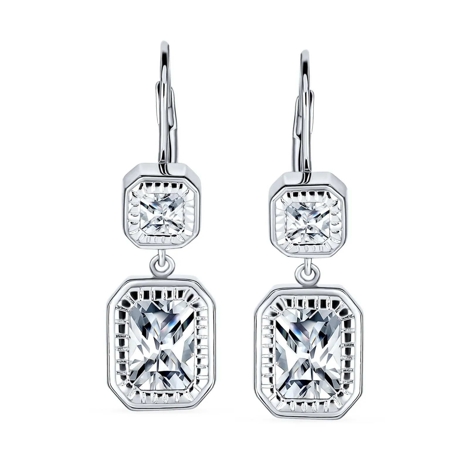 Deco Style Dangle Chandelier Earrings with CZ Halo Emerald Cut in Sterling Silver