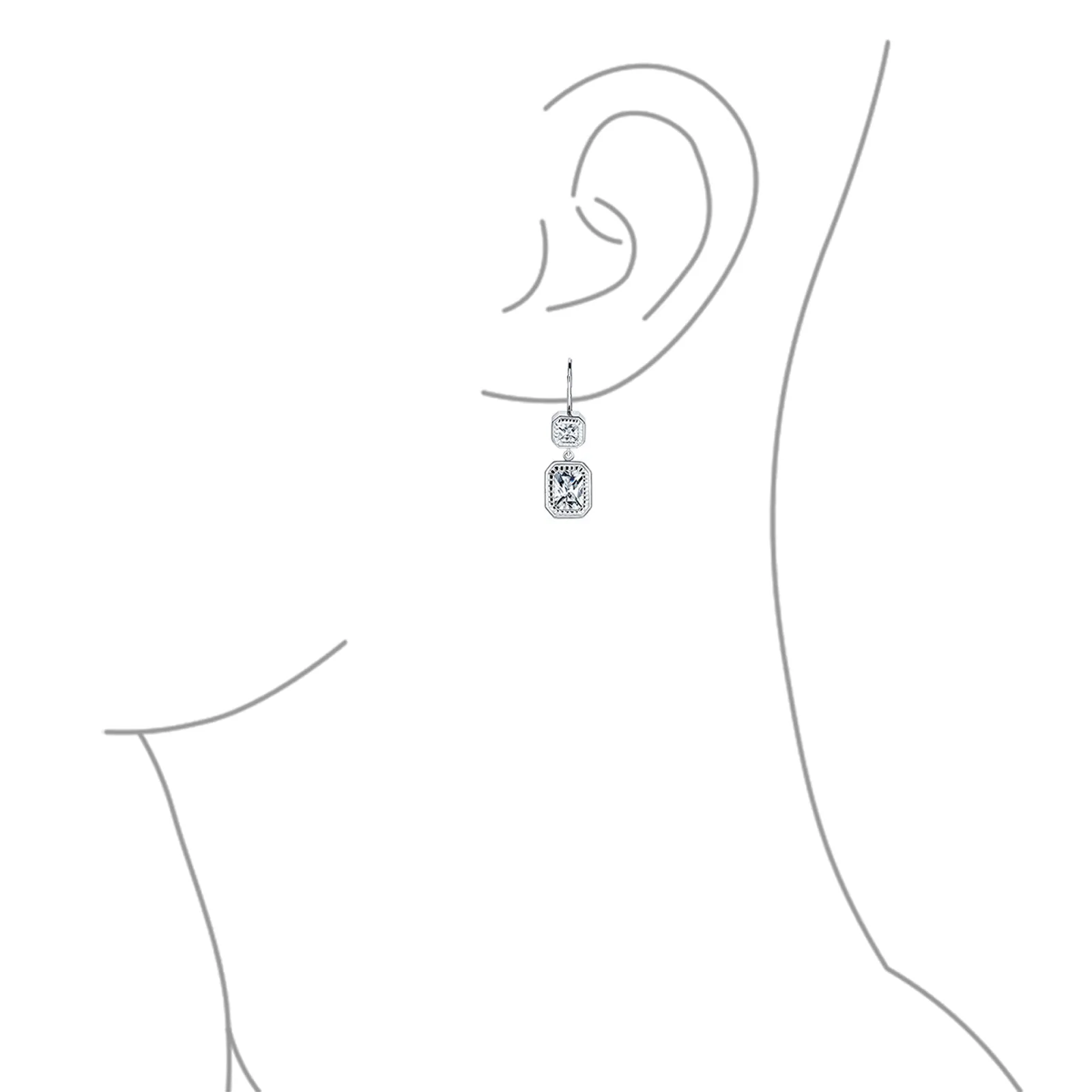 Deco Style Dangle Chandelier Earrings with CZ Halo Emerald Cut in Sterling Silver