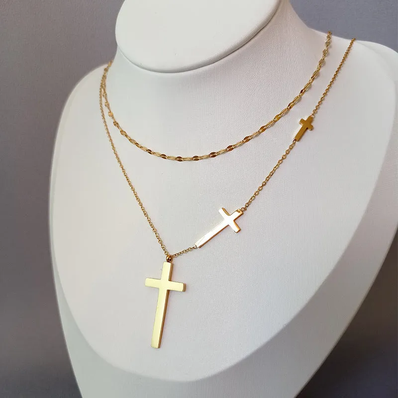 Double Layer Cross Choker Necklace Stainless Steel