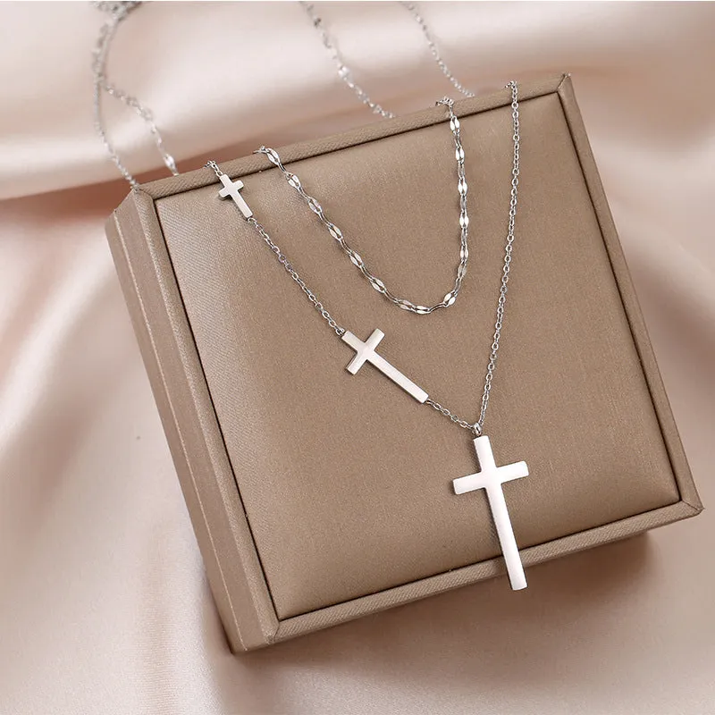 Double Layer Cross Choker Necklace Stainless Steel