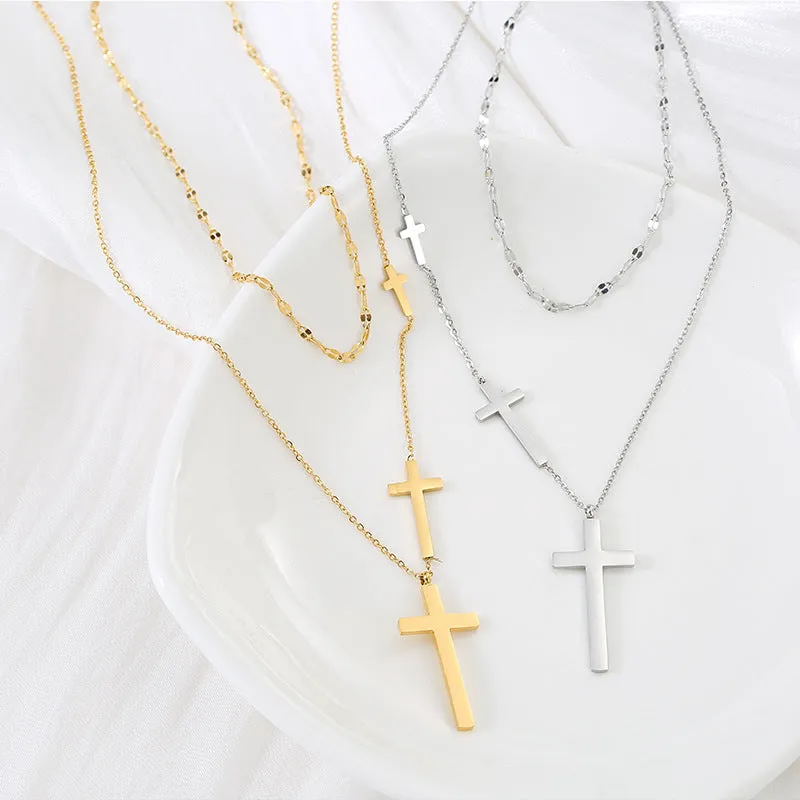 Double Layer Cross Choker Necklace Stainless Steel