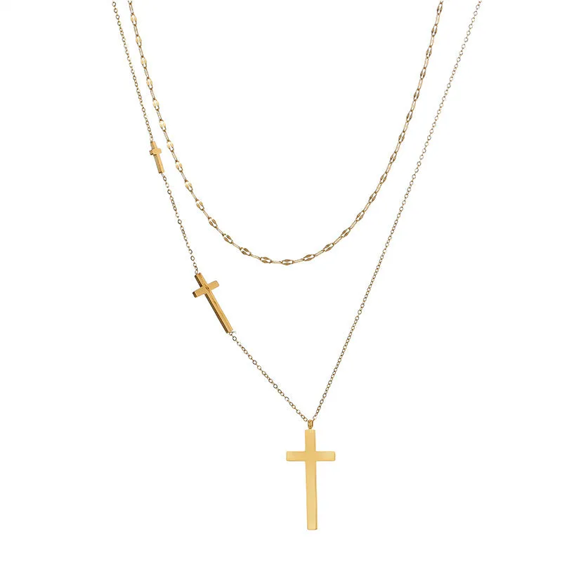 Double Layer Cross Choker Necklace Stainless Steel