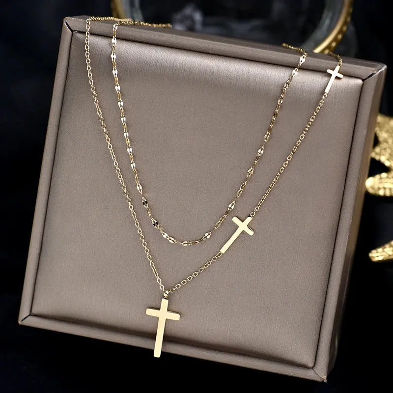 Double Layer Cross Choker Necklace Stainless Steel