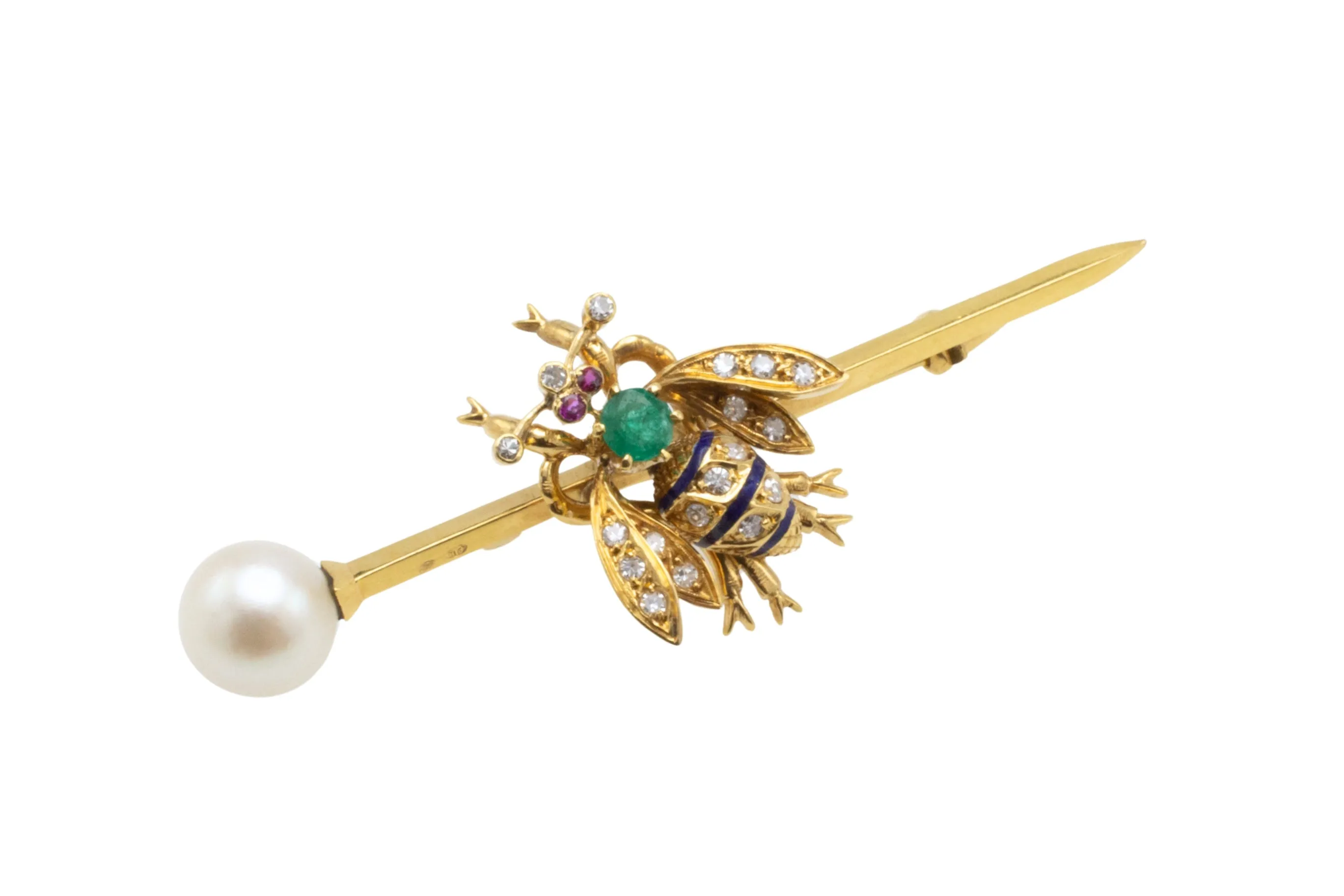 Emerald, diamond, ruby and pearl bee bar brooch