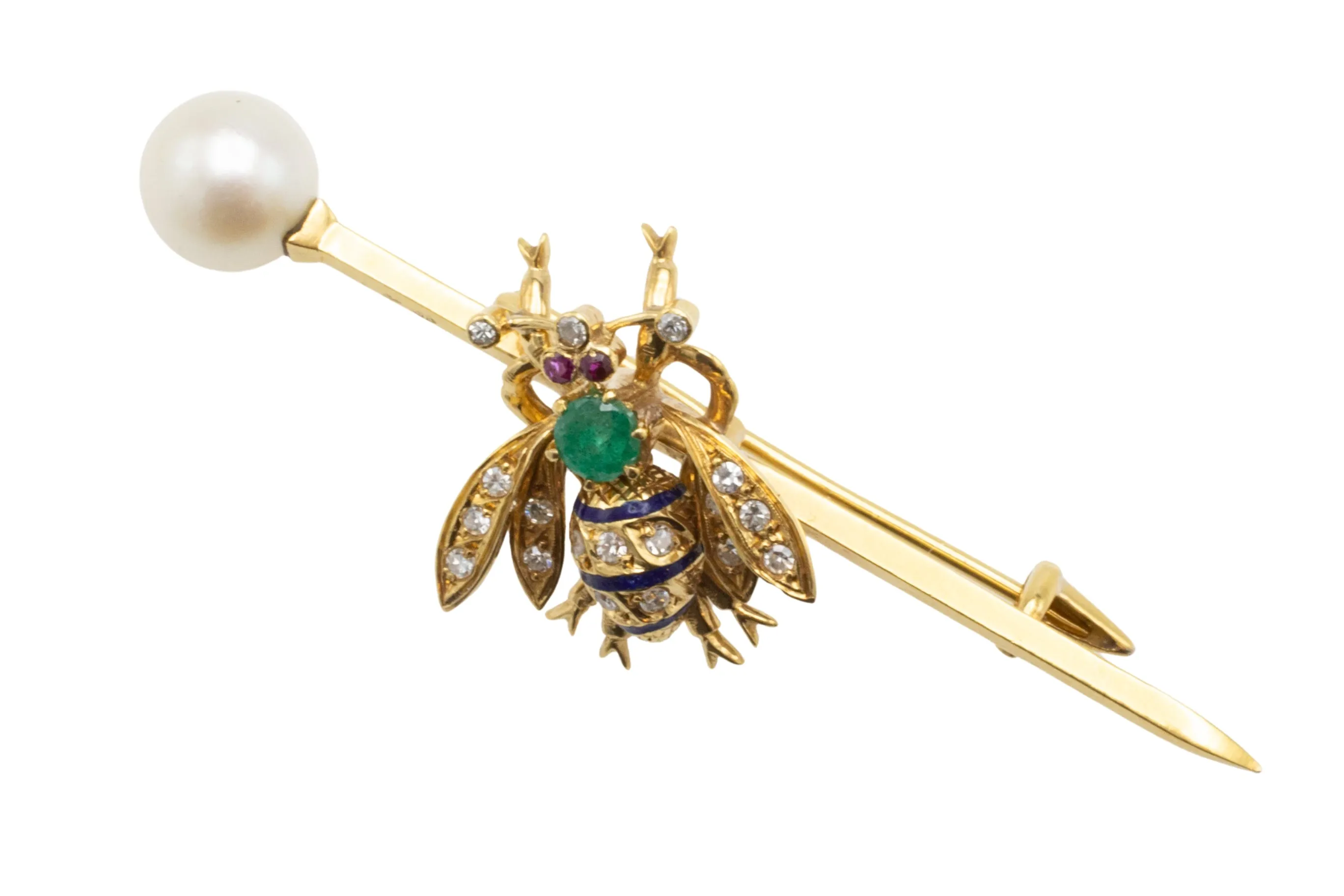 Emerald, diamond, ruby and pearl bee bar brooch