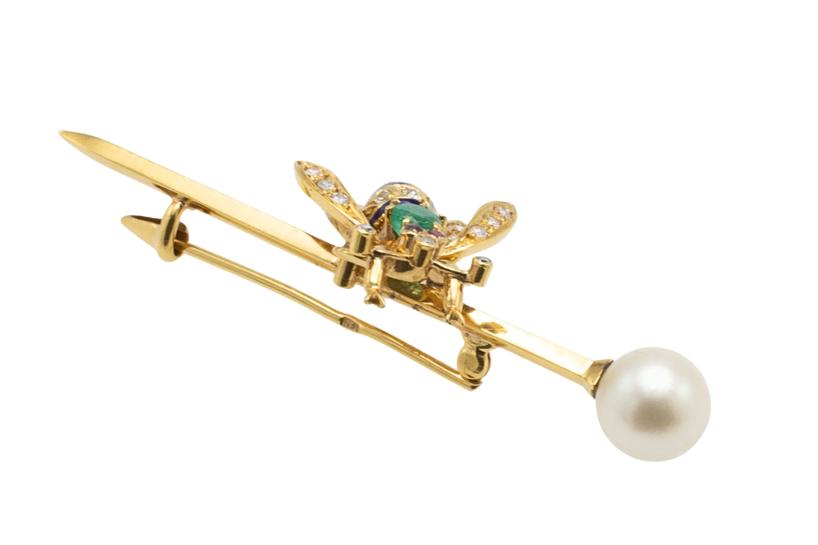 Emerald, diamond, ruby and pearl bee bar brooch