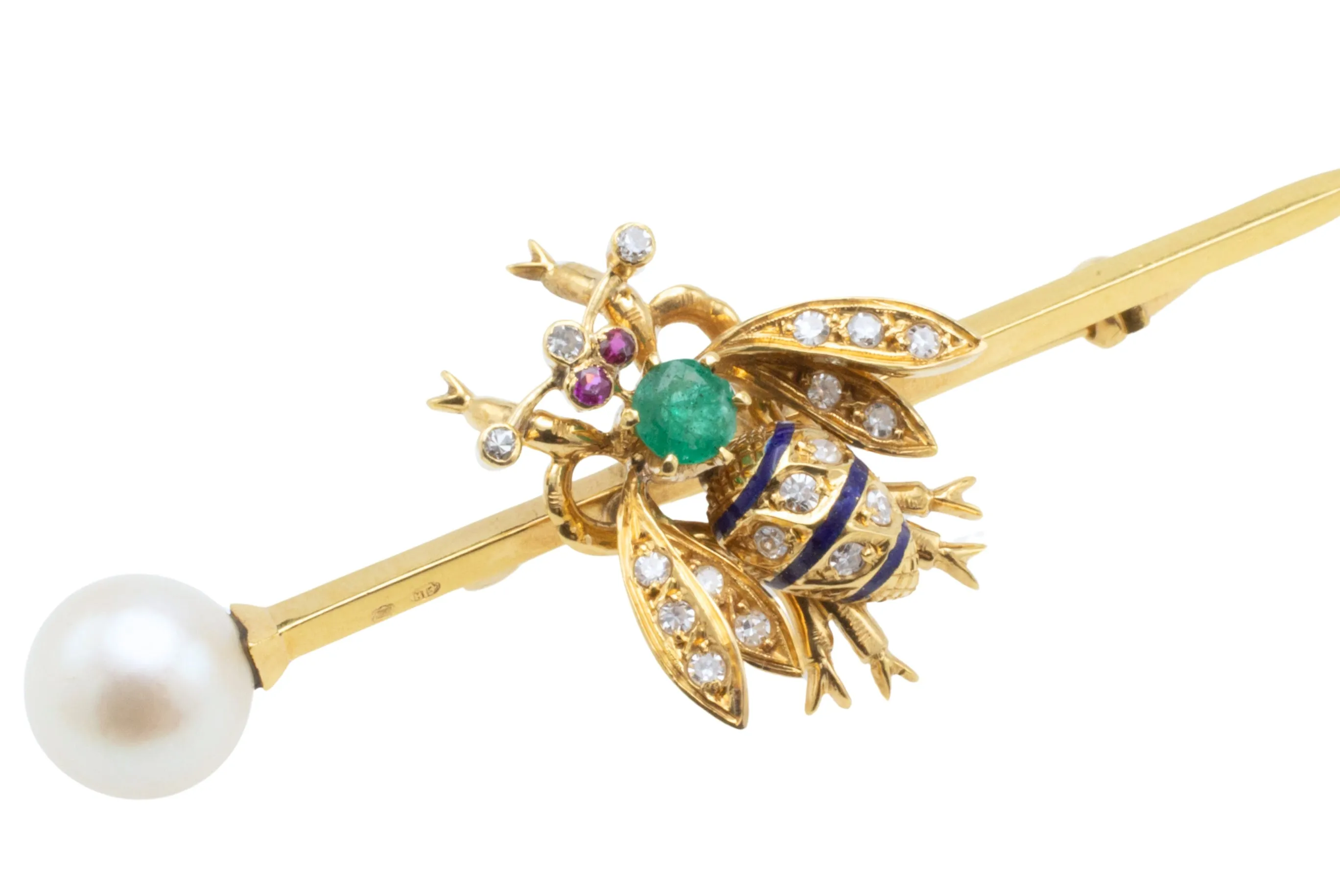 Emerald, diamond, ruby and pearl bee bar brooch