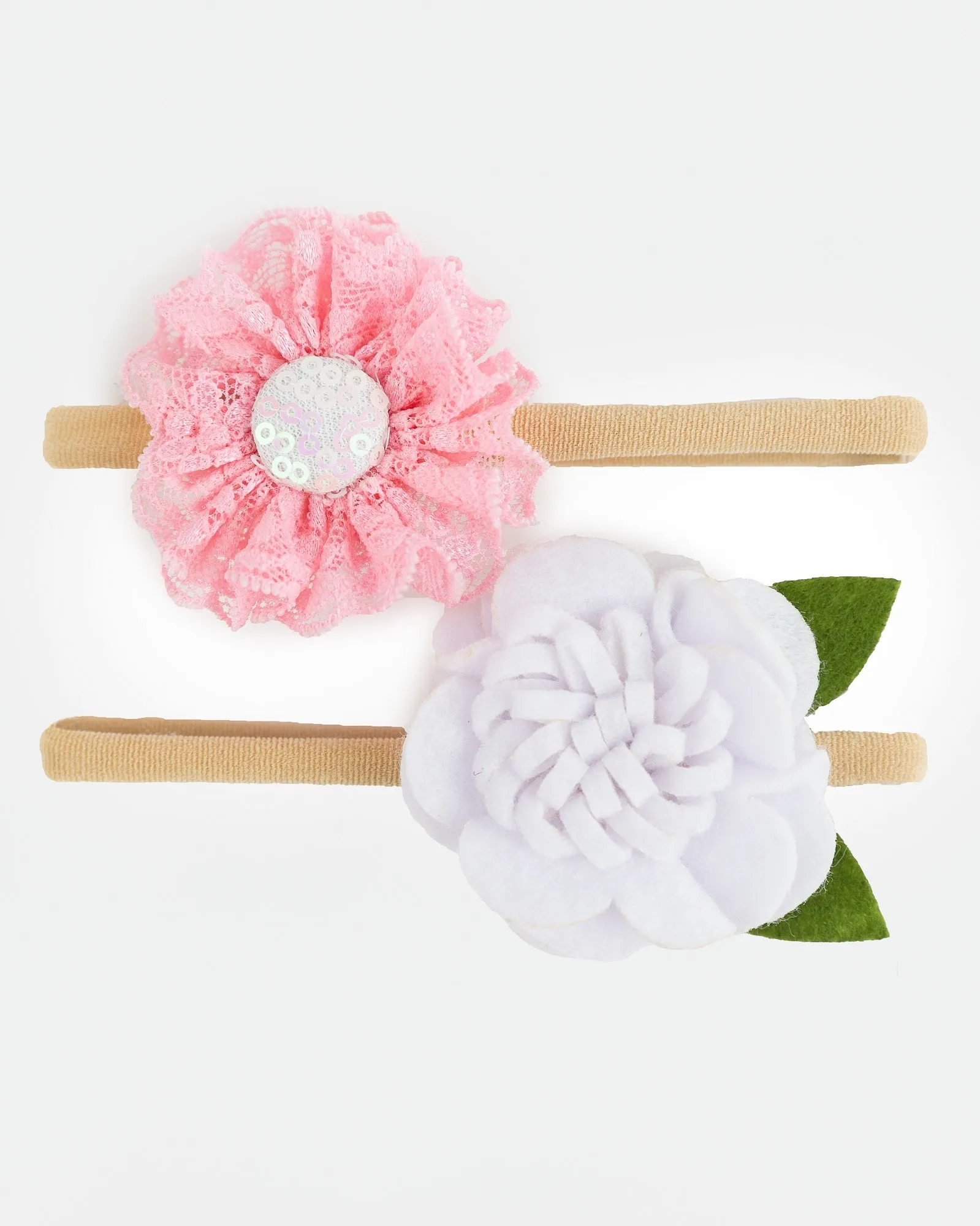 Felt and Lace Flower Detail Headbands - Light Pink & White