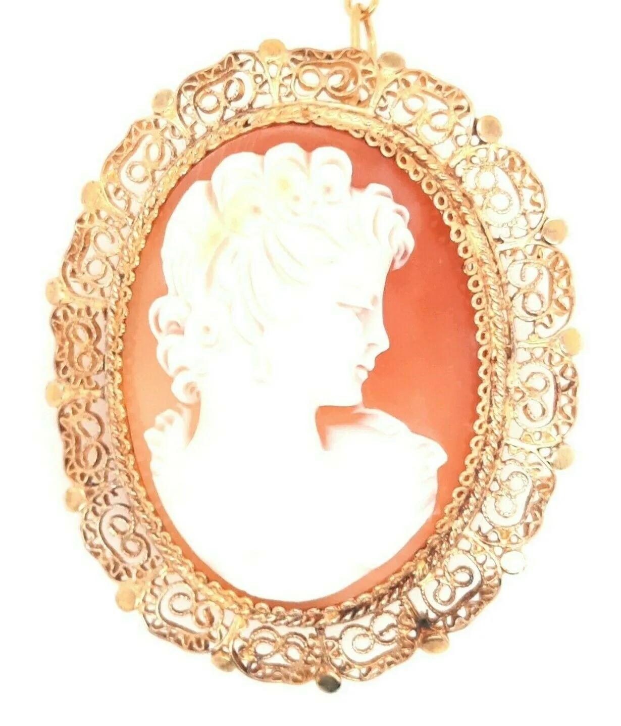 Gold Plated & Shell Cameo Brooch Vintage Fashion Jewellery Safety Chain & Pin