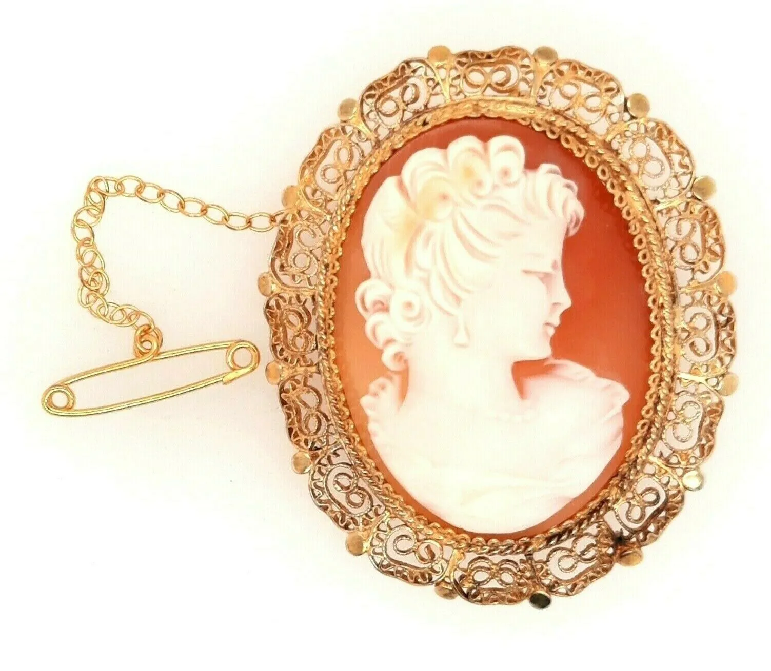 Gold Plated & Shell Cameo Brooch Vintage Fashion Jewellery Safety Chain & Pin