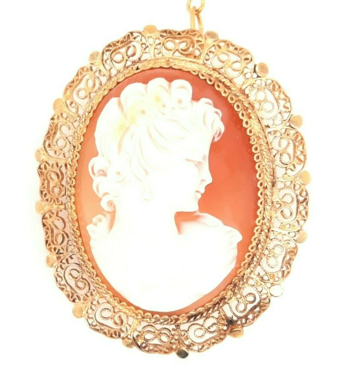 Gold Plated & Shell Cameo Brooch Vintage Fashion Jewellery Safety Chain & Pin