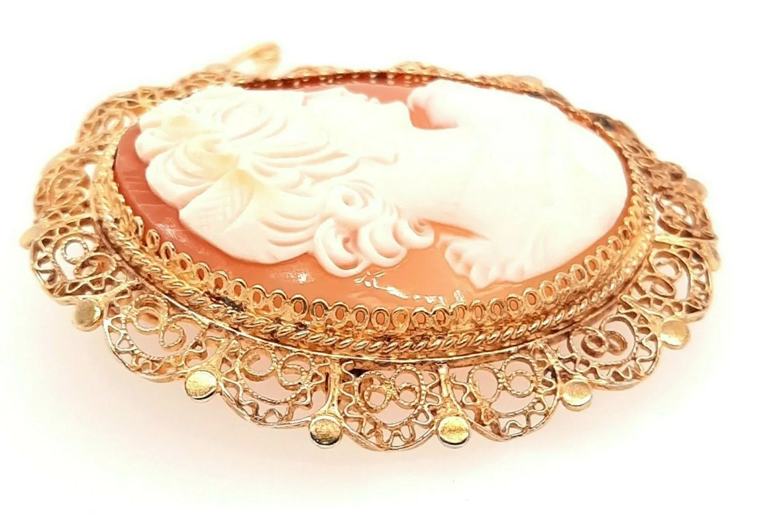 Gold Plated & Shell Cameo Brooch Vintage Fashion Jewellery Safety Chain & Pin