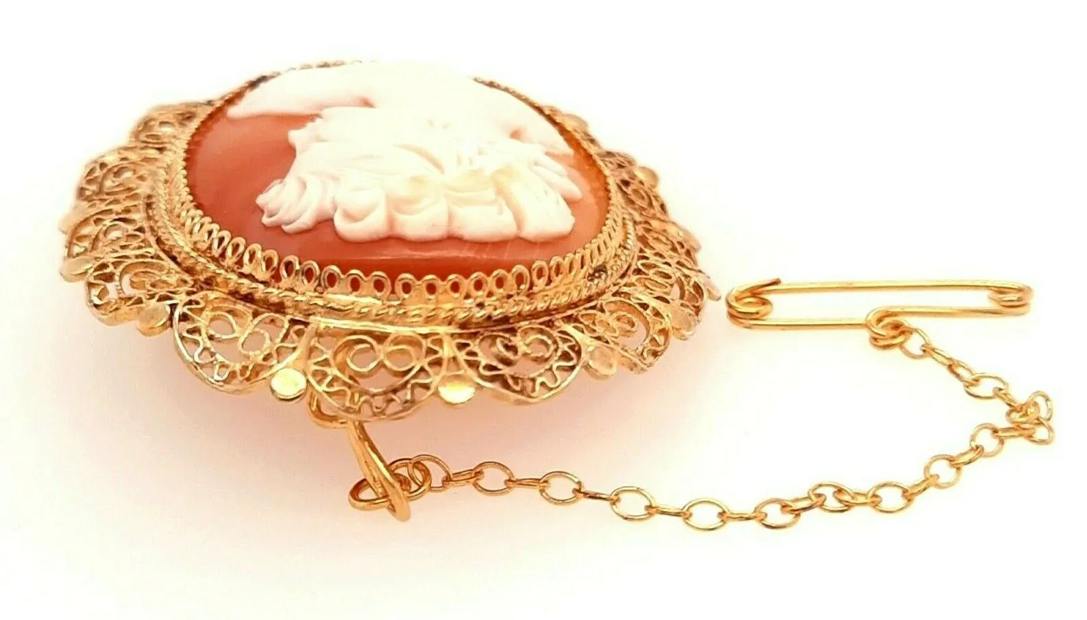 Gold Plated & Shell Cameo Brooch Vintage Fashion Jewellery Safety Chain & Pin