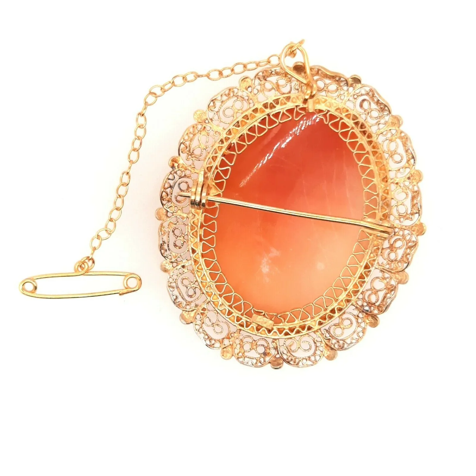 Gold Plated & Shell Cameo Brooch Vintage Fashion Jewellery Safety Chain & Pin