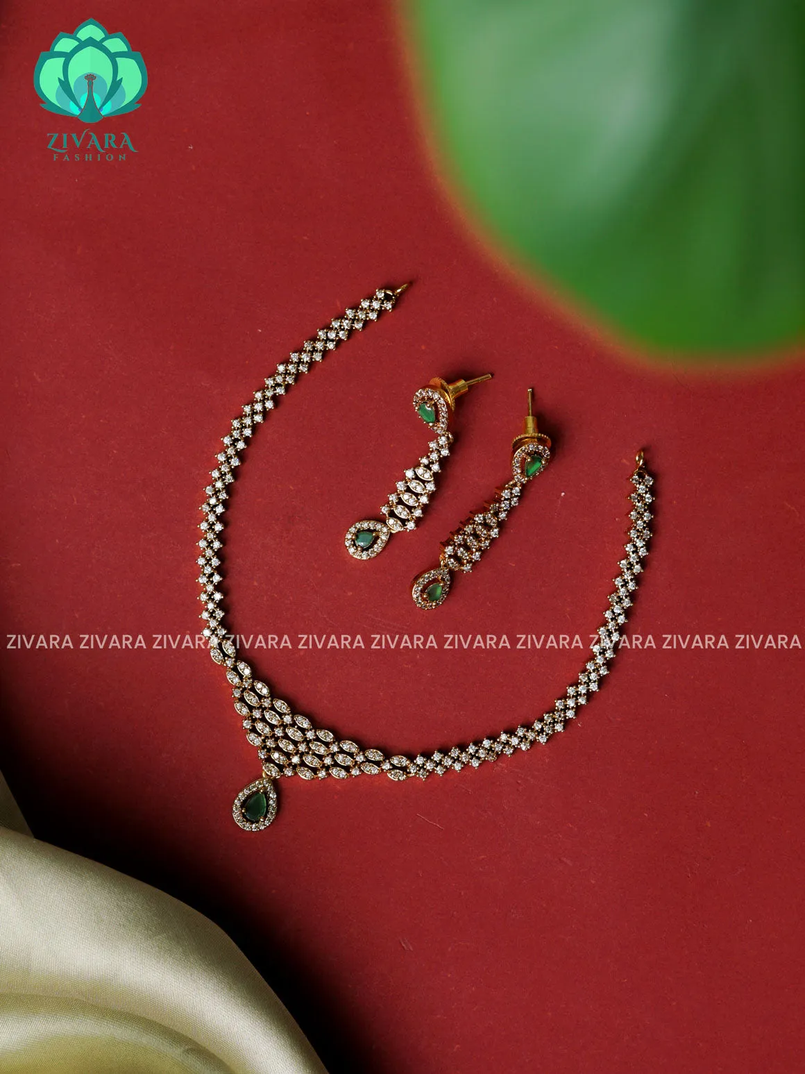 GREEN- SMALL SIZE Diamond look alike stone pendant - stylish and minimal elegant neckwear with earrings- Zivara Fashion