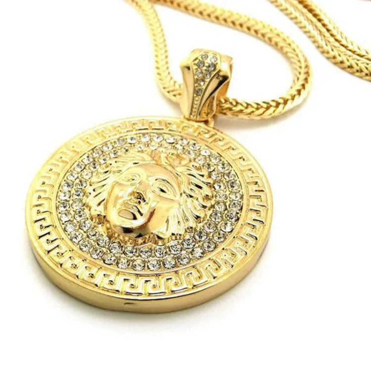 Hip Hop Round Medusa Head Zircon Rhinestone Pendant Clavicle Chain Necklace for Men, Chain Length: 90cm(Gold)