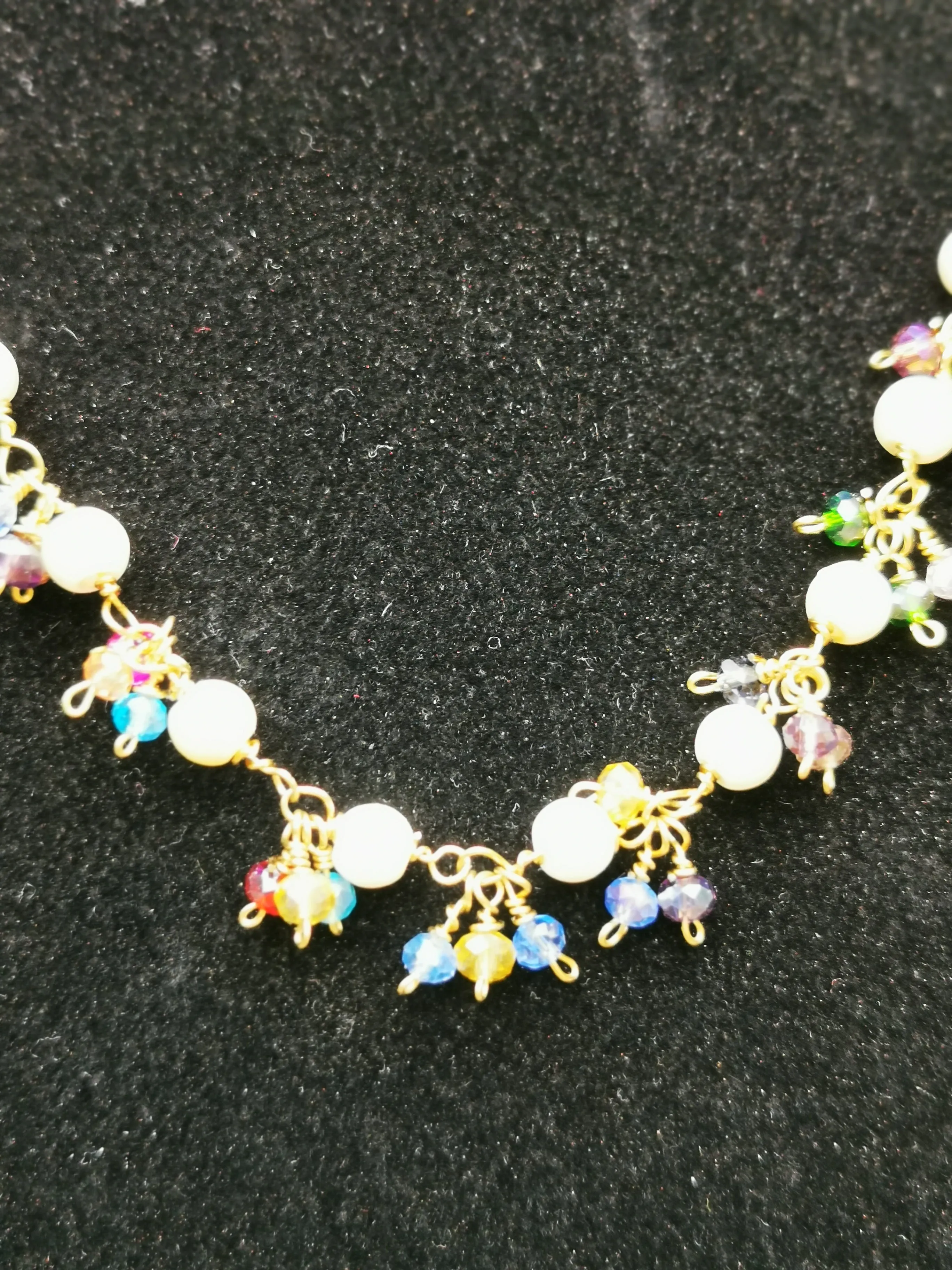 Kaleidoscope hand wired crystal and Pearl necklace in choice of 4 metals