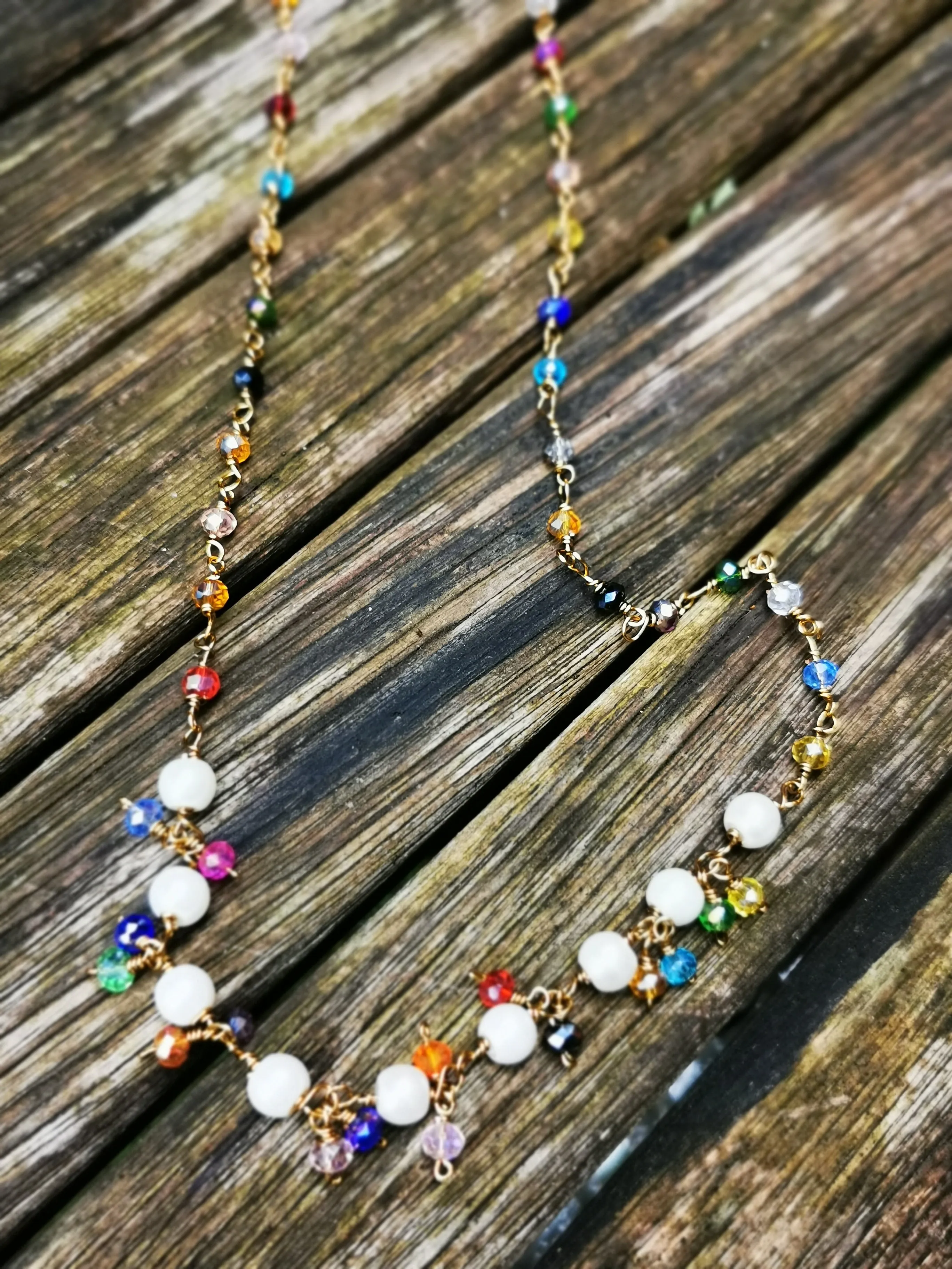 Kaleidoscope hand wired crystal and Pearl necklace in choice of 4 metals