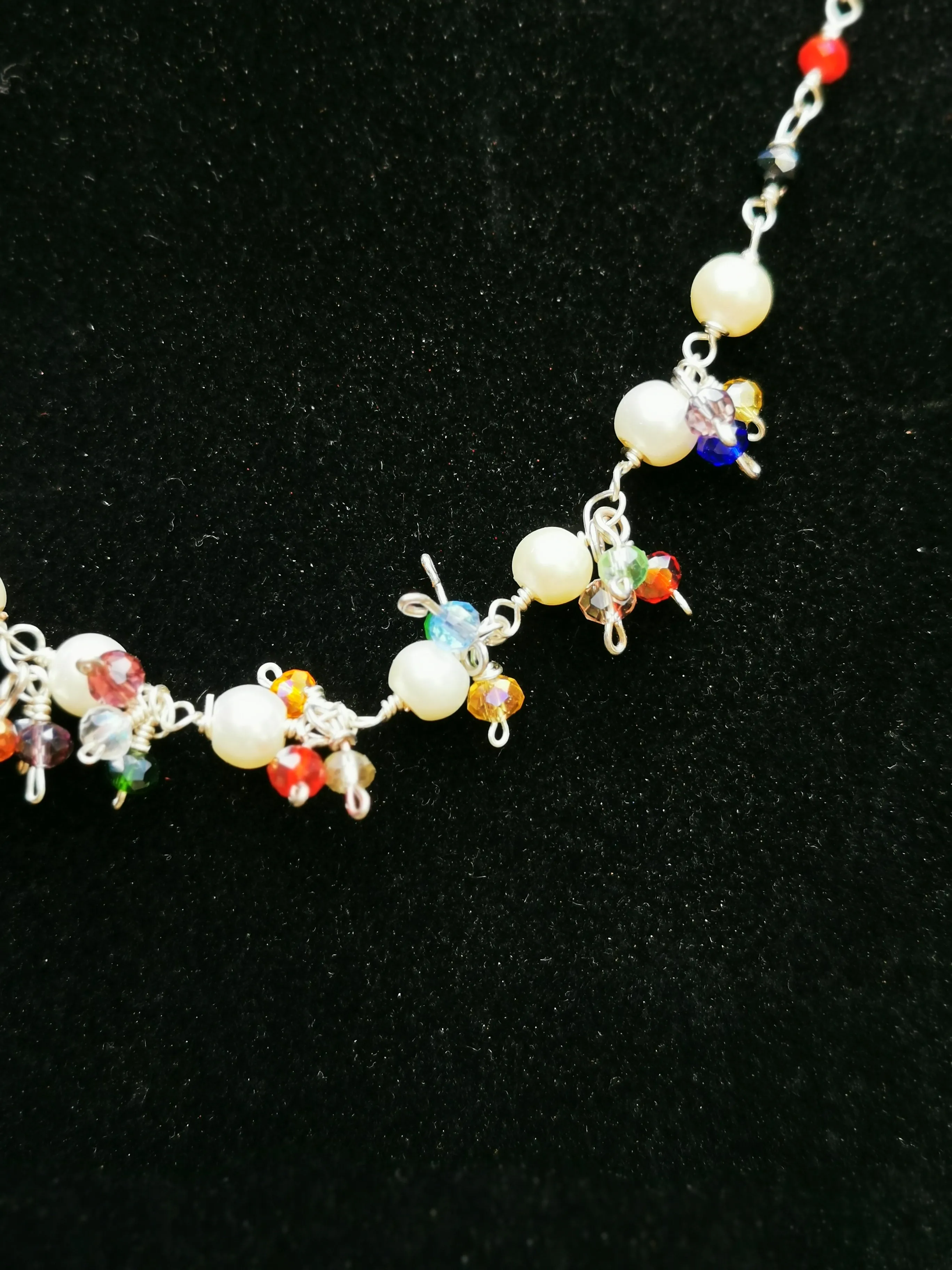 Kaleidoscope hand wired crystal and Pearl necklace in choice of 4 metals