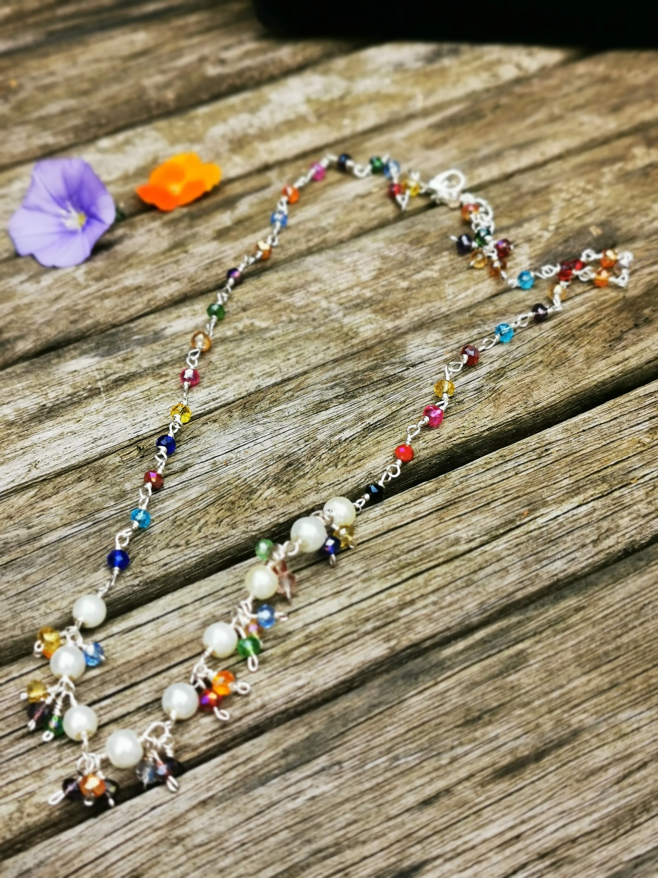 Kaleidoscope hand wired crystal and Pearl necklace in choice of 4 metals