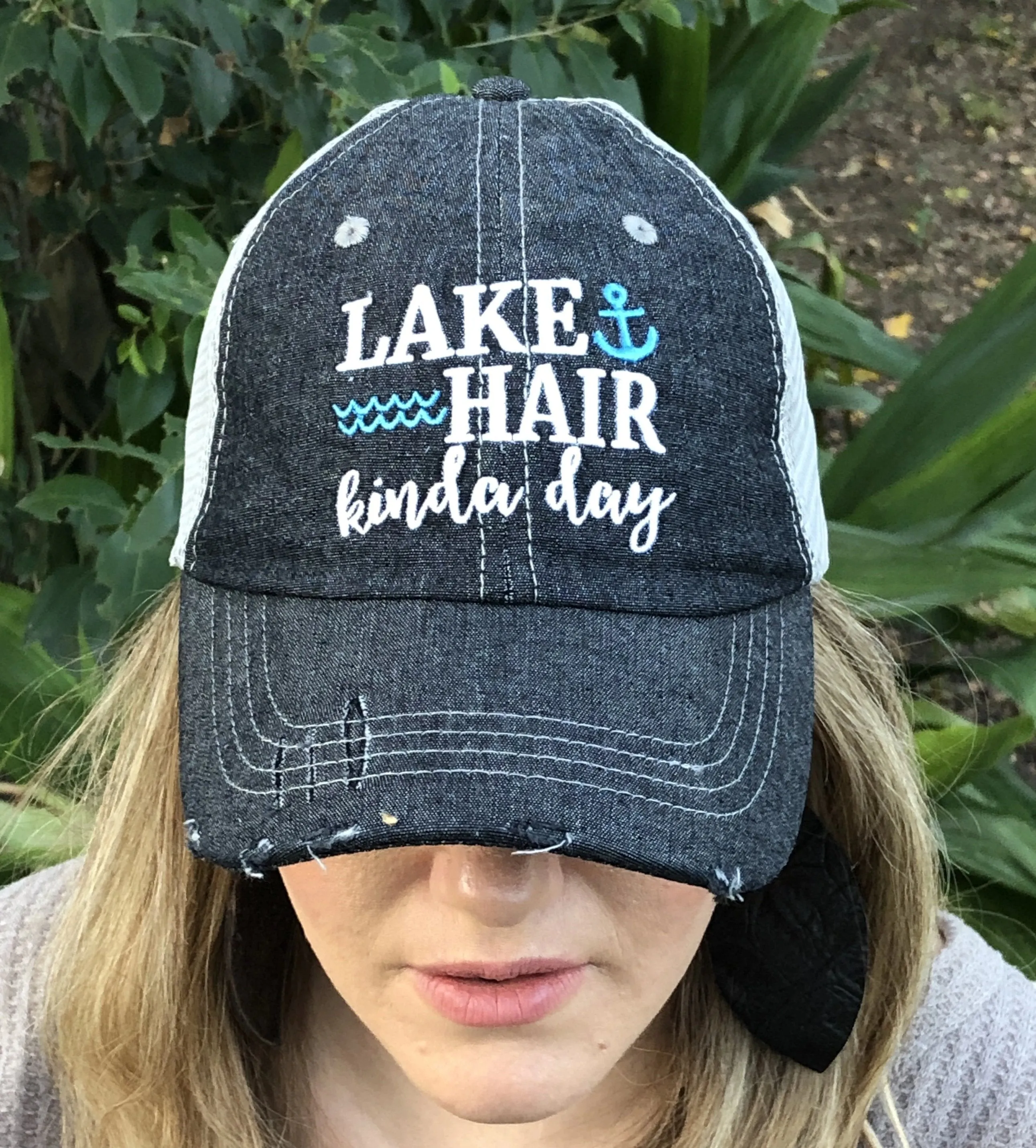 Lake Hair Kinda Day Distressed Trucker Hat -356