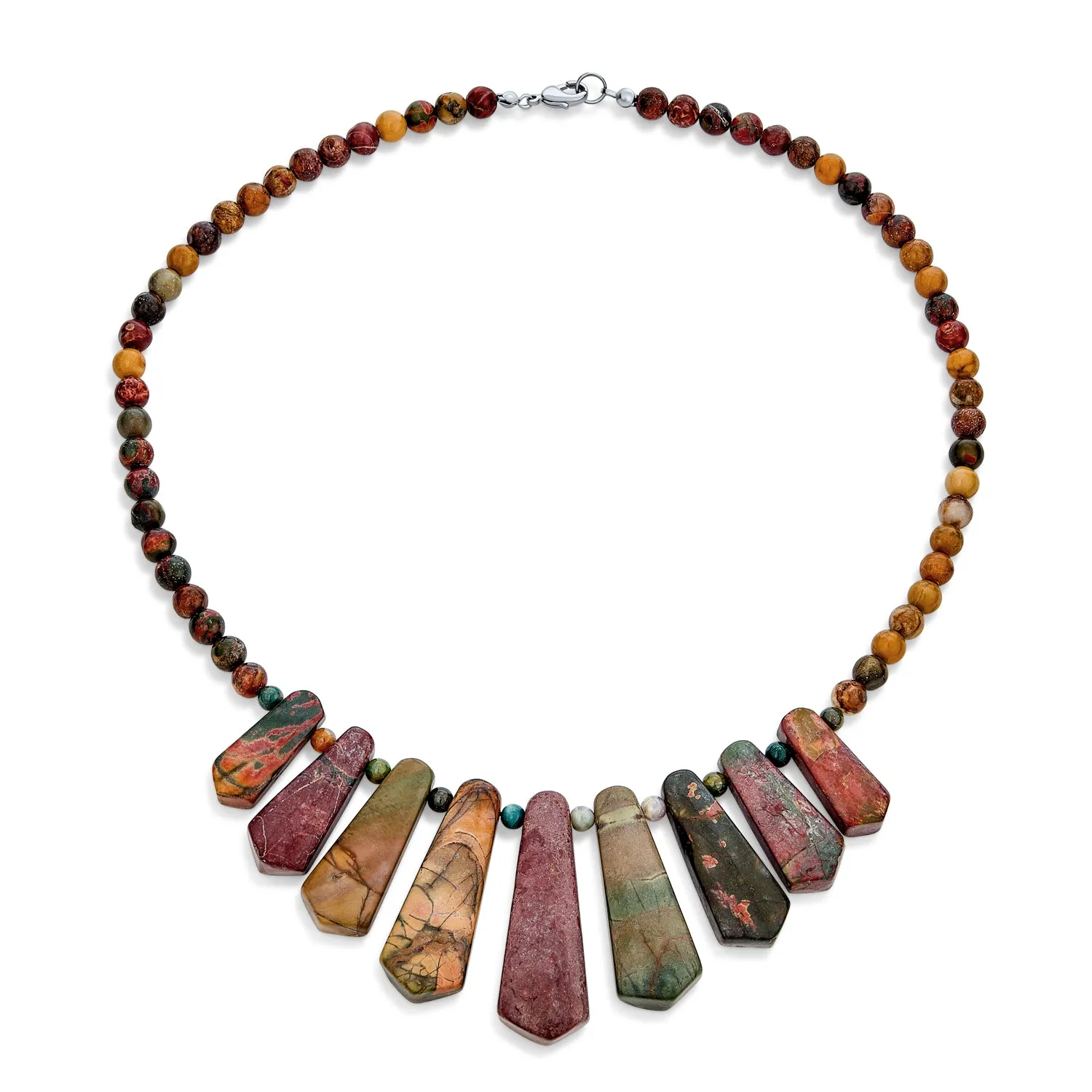 Natural Agate  Jasper Earth Tone Tribal Fan Bib Statement Necklace