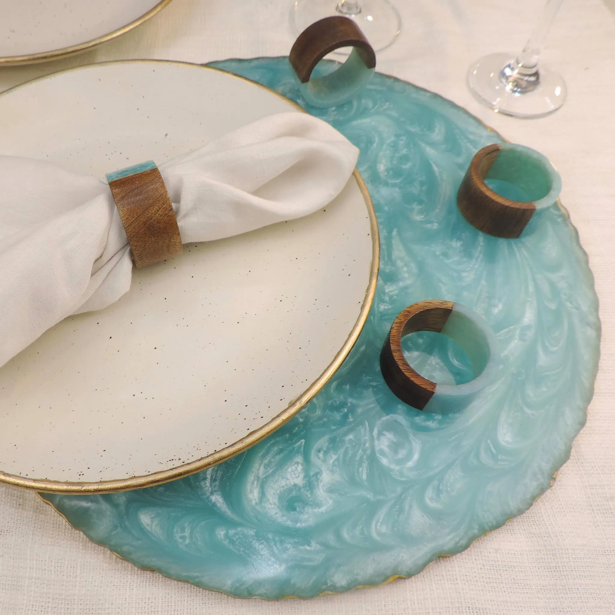 Natural Mango Wood Round Resin Napkin Ring in Aqua, Set of 4