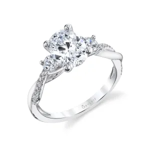 Oval Cut Three Stone Twist Engagement Ring - Evangeline Platinum White