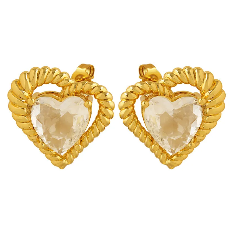 Peach Heart Love Earrings Set: Elegant French Style Zircon Brass Earrings