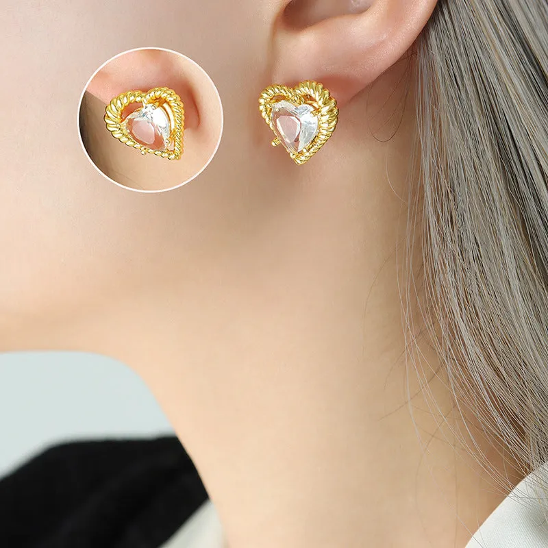 Peach Heart Love Earrings Set: Elegant French Style Zircon Brass Earrings