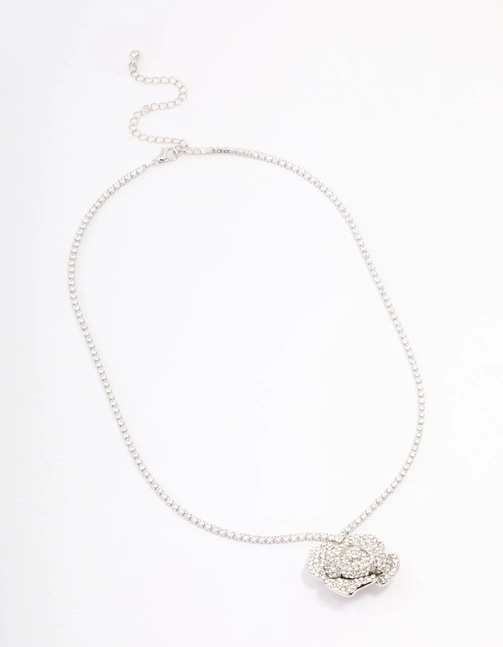 Rhodium Rose Diamante Pendant Necklace