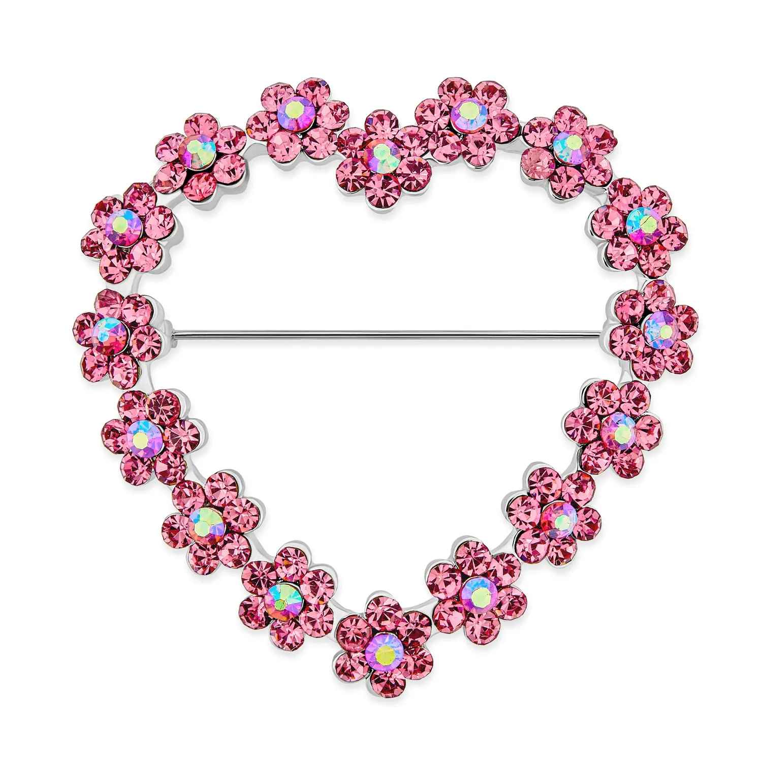 Romantic Wedding Pink Crystal Heart Flower Brooche Pin Rhodium Plated Alloy